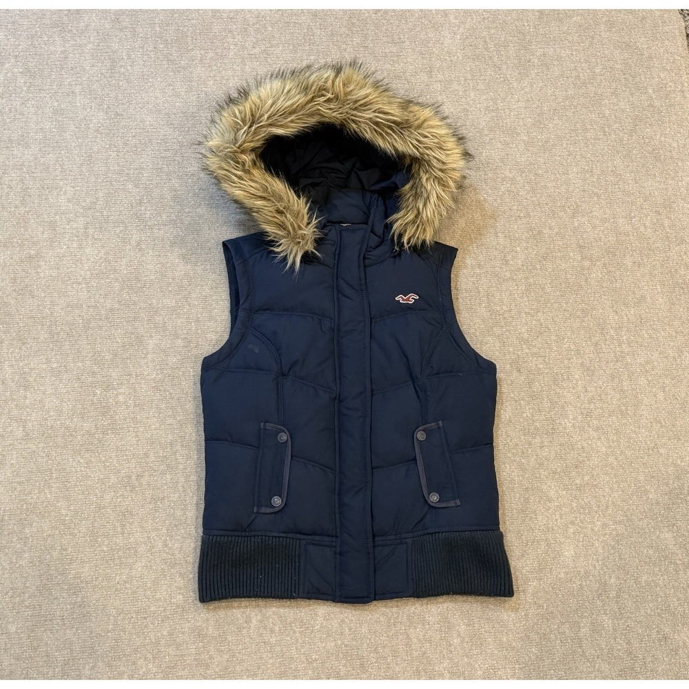Hollister Vintage Y2K Down Puffer Vest Removable Faux Fur Hood Navy Plaid Large